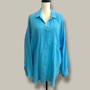 MAGASCHONI 100% Organic Cotton Aqua Bright Blue Gauze Bikini Cover Up Top Sz XL